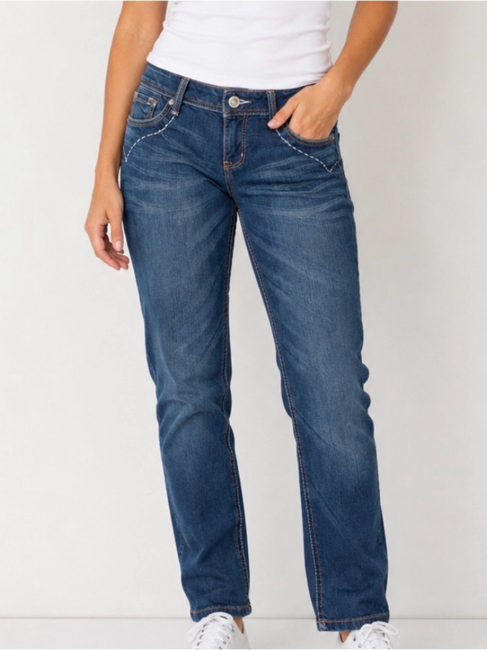 Source of Wisdom jeans Classic Mid-Blue Womenโs Straight leg stretch SZ 12
